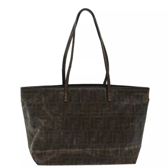 FENDI Zucca Canvas Tote Bag Coated Canvas Brown Black Auth hk766 - Picture 1 of 16
